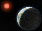 A planet with clouds and surface water orbits a red dwarf star in this artist’s conception of the Gliese 581 star system.