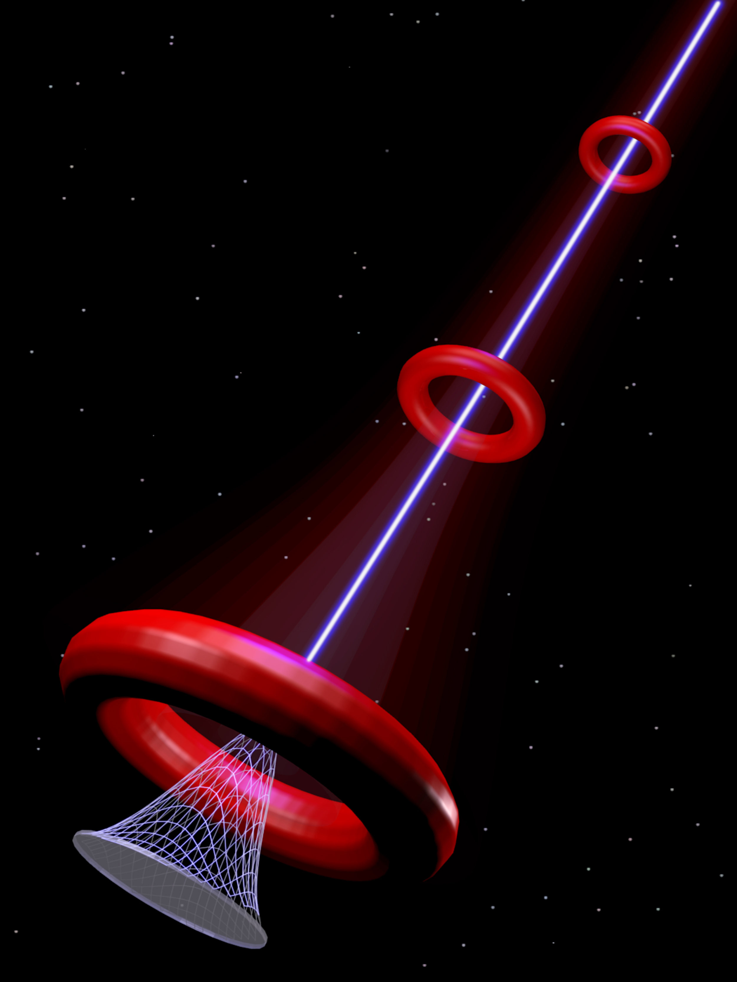 Illustration of a high-intensity laser dressed with a secondary laser that helps provide fuel to extend the distance of the primary beam.