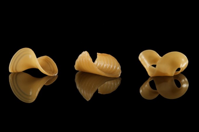 These pasta shapes were caused by immersing a 2-D flat film into water. (credit: Michael Indresano Photography)
