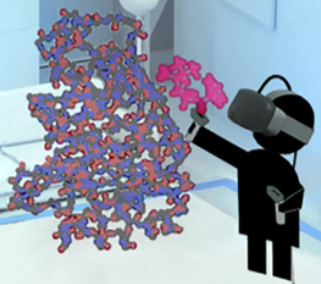 To figure out how to block a bacteria's attempt to create multi-resistance to antibiotics, a researcher grabs a ligand (a binding molecule) that simulates a type of penicillin called benzylpenicillin (red) and interactively guides that molecule to dock within another enzyme (blue-orange) molecule called beta-lactamase, which is produced by bacteria in an attempt to disable the penicillin (by making a patient resistant to a class of antibiotics called β-lactam). (credit: University of Bristol)
