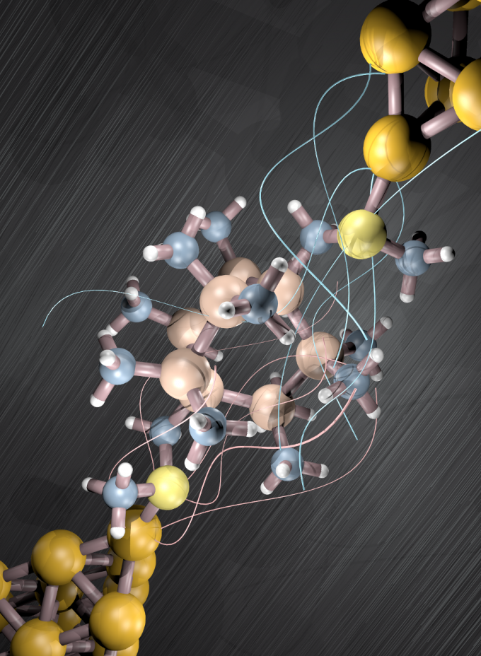 An illustration of a single-molecule device that blocks leakage current in a transistor. (credit: Haixing Li/Columbia Engineering)